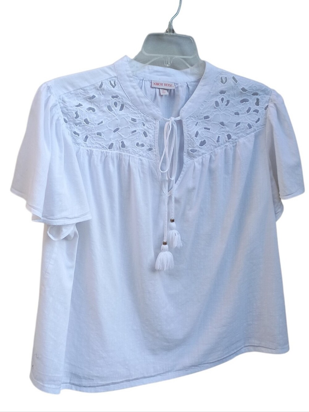 Knox Rose White Eyelet Boho Tassel Tie Blouse sz XXL